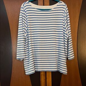 Lands End Royal Blue & White Striped Top w/3/4 Sleeves & Boat Neckline